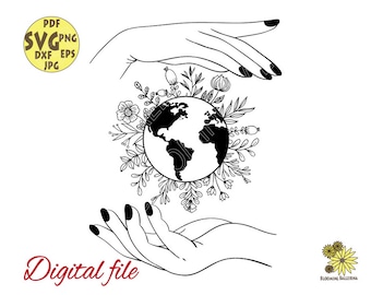 Botanical Earth in Woman Hands Svg file, Earth Svg, World with hands Svg, Floral World Svg, Earth day shirt svg, Save the earth digital file