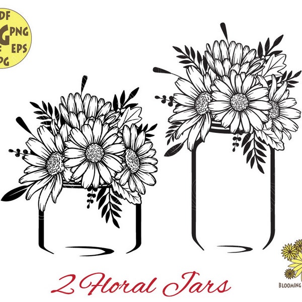 Mason jar flowers, Floral svg, Daisy Svg, Wild Flowers Svg, Plant Svg, Botanical Svg, Flowers in Mason jar svg, Jar Svg, flower bouquet svg