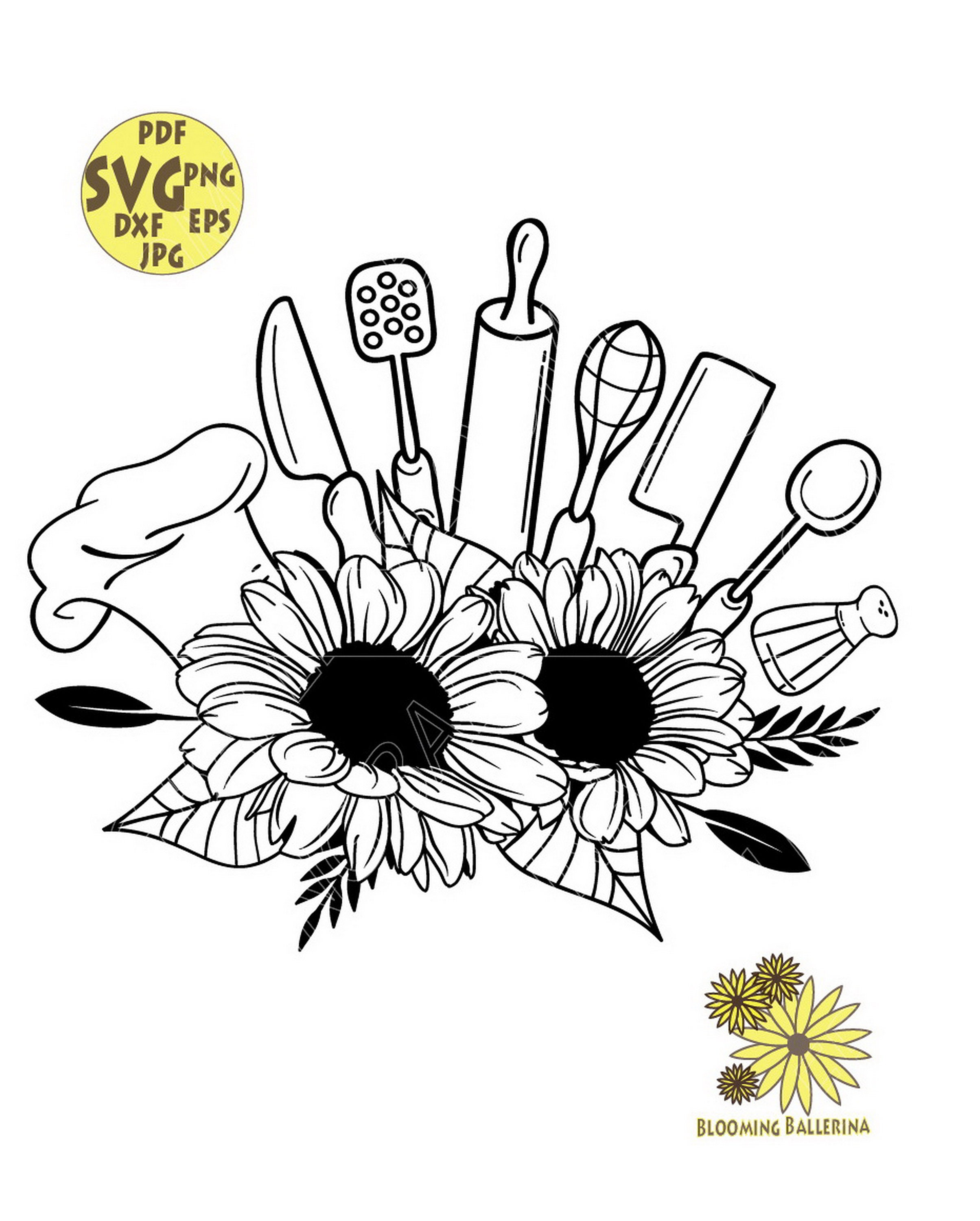 Flower Kitchen Utensils With Chef Hat Sunflowers and Leaves Etsy
