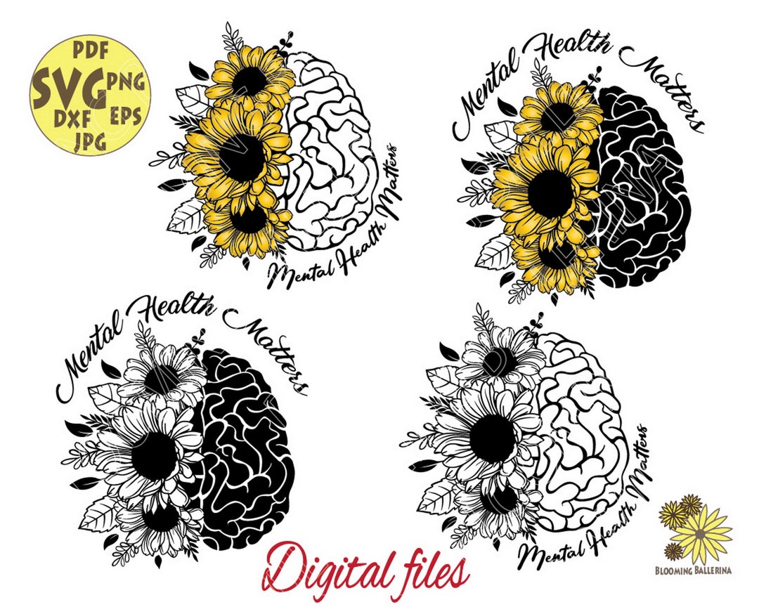 Flower Mental Health Matters Bundle With Human Brain Sunflowers Buds and Leaves, Floral Brain
