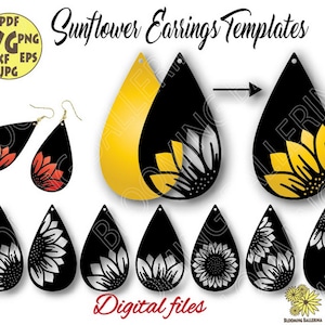 May include: Digital download templates for sunflower earrings. The image shows a variety of earring designs with different sunflower patterns in black, white, yellow, and red.