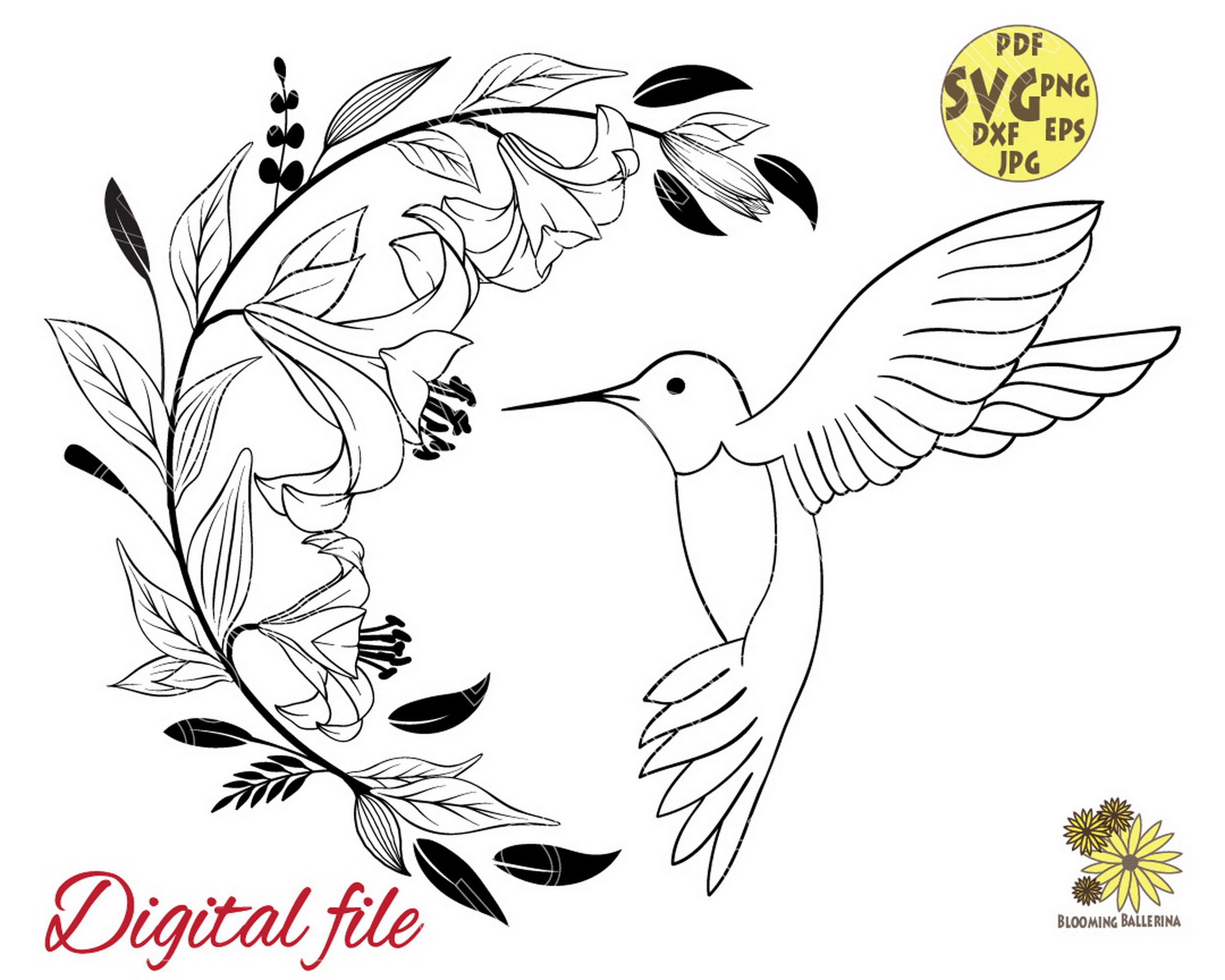 Flower Hummingbird Feeding From Lilies Buds and Leaves Svg Etsy