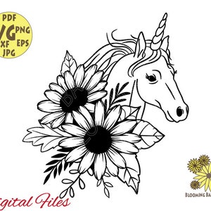 Flower Unicorn with Daisies and Leaves Svg file, Floral Unicorn Svg, Unicorn cut file, Flower Unicorn svg file, Cute Unicorn Face svg