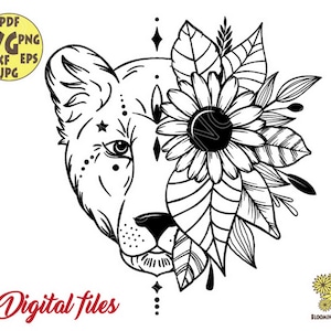 Flower Lioness Svg file, Lioness head Svg, Lion Svg, Lion Head Svg, Lioness cut file, Half Head Lion Svg, Animal head Svg, Lion King Svg
