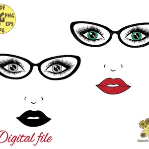 Bundle eyes svg, Eyes Svg, Lips Svg, Glasses svg, Lip Face Eyelashes SVG, Women svg Silhouette, Shirt svg, Cute face svg clipart, Shirt svg