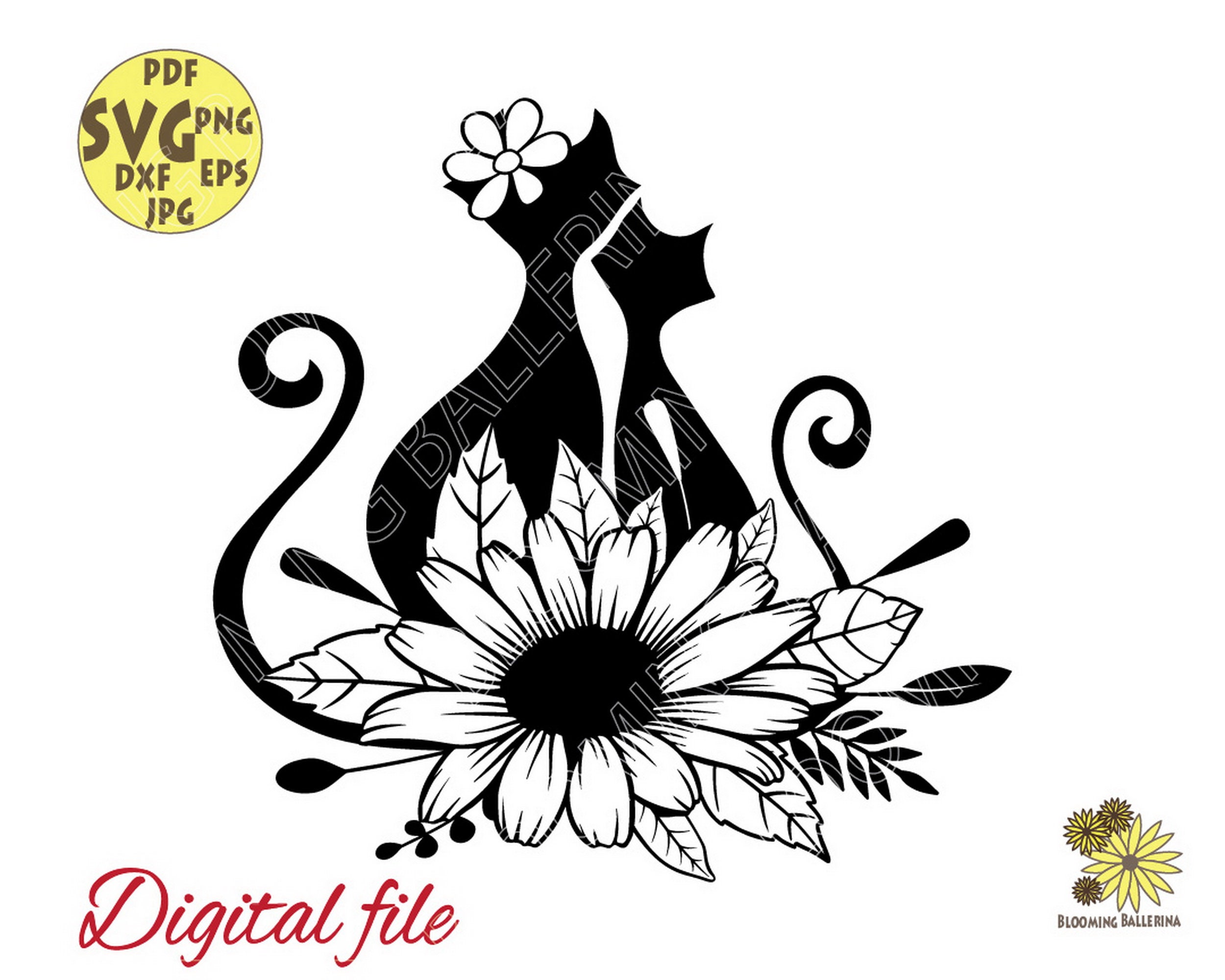 Flower Cats Svg Flower Cat Silhouette with Daisy and Leaves | Etsy