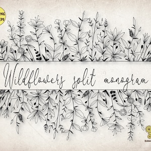Puede incluir: Ilustración en blanco y negro de línea de flores silvestres, con el texto "Wildflowers split monogram" en el centro.