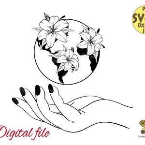 Vrouw Hand holding aarde met lelies Svg bestand, Floral Earth Svg, Flower Globe Svg, Vrouw Hand Line Art Svg, Lily Flower Svg, Botanische Svg