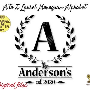 Alfabeto de monograma de la A a la Z Svg, hoja de laurel del alfabeto de la A a la Z con archivo svg de letra de monograma inicial, alfabeto de laurel svg, letras de corona digitales