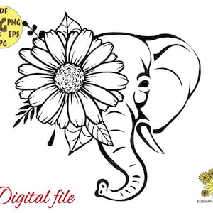 Può includere: Illustrazione in bianco e nero a linee di una testa di elefante con un grande margherita dietro. La proboscide dell'elefante è arrotolata e la margherita ha un grande centro e molti petali.