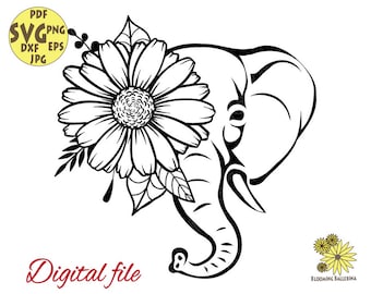Elephant svg, Floral Svg, Floral Animal svg, Daisy Svg, Plant Svg, Botanical Svg, Elephant Clipart, Daisies svg,Flourish svg, Elephants Svg