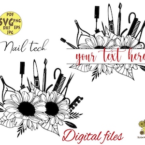 May include: Black and white digital design featuring nail tools and flowers. The design includes a banner with the text "your text here".