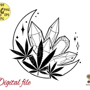May include: Black and white line art illustration of a crescent moon with crystals and marijuana leaves. The design is perfect for a tattoo, sticker, or print.