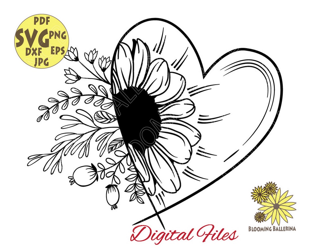 Sunflower Heart Svg Botanical Heart Svg Half Sunflower With Etsy Canada
