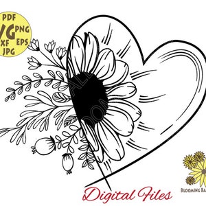 Sonnenblume Herz Svg, botanische Herz Svg, halbe Sonnenblume mit botanischen Pflanzen Svg, botanische Svg, wilde Blumen Svg, Sonnenblume Shirt Png
