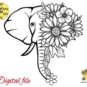 May include: Black and white line art illustration of an elephant's head with flowers and leaves. The elephant's head is facing left and the flowers are on the right side of the head.