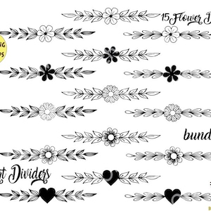 May include: A set of 15 black and white flower and heart dividers. The dividers are in a bundle and are perfect for adding a touch of elegance to your designs. The text "15 Flower Dividers" and "Heart Dividers" is included in the image.