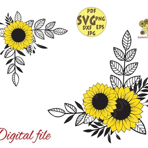 Floral border svg, Sunflowers Svg, Floral Corners Svg, Frame Svg, Floral frame svg, Sunflower clipart, Monogram frame, Botanical Svg