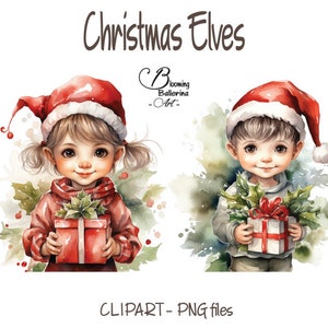 2 Christmas Elves PNG, Elf clipart, Boy elf clipart, Girl elf png, Watercolor elf clipart, Winter Elf png, Elf with present clipart