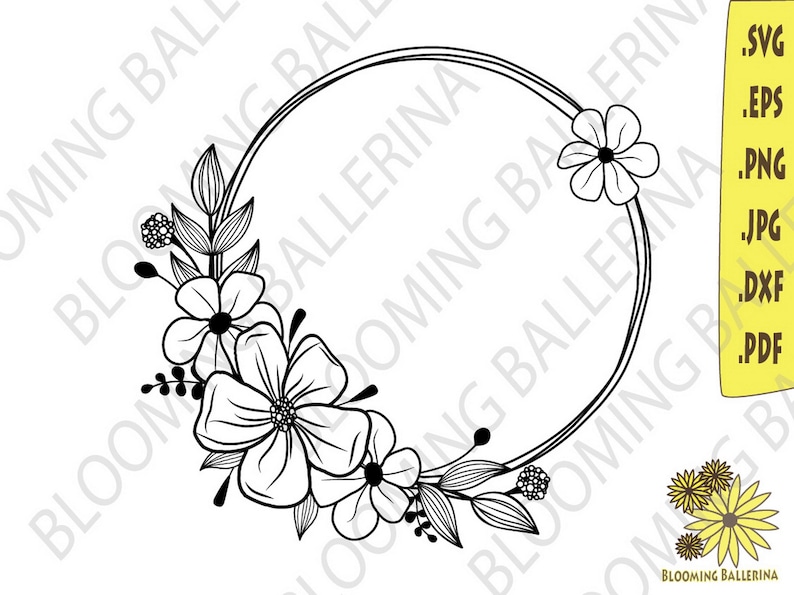 May include: Black and white line art floral wreath with a circular frame. The wreath is made up of leaves, flowers, and stems. The wreath is perfect for adding a touch of elegance to any project.