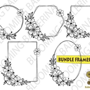 May include: A set of five floral frame SVG files. The frames are in different shapes, including a circle, square, hexagon, and rectangle. Each frame is adorned with a cluster of stylized flowers.