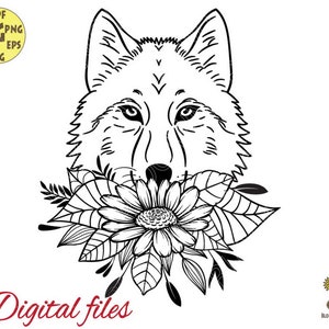 Może przedstawiać: Czarno-biała liniowa ilustracja głowy wilka z dużym kwiatem w pysku. Kwiat ma wiele płatków i liści.