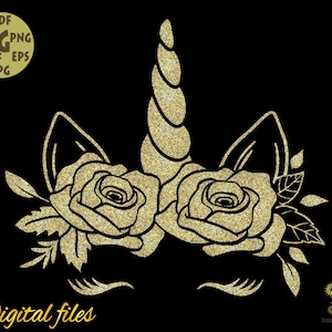 Flower Unicorn head with leaves and roses svg file, Unicorn horn svg, Unicorn svg, Unicorn birthday svg, Unicorn cut file, Unicorn clipart