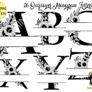 30 letras de monograma de girassol SVG, alfabeto floral svg, arquivo de corte de alfabeto de flores, arquivo de corte de alfabeto floral, arquivo de alfabeto svg, monograma Svg