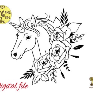Flower Unicorn with Roses and Leaves Svg file, Floral Unicorn Svg,Unicorn cut file,Floral Unicorn svg file,Animal Face,Cute Unicorn Face svg