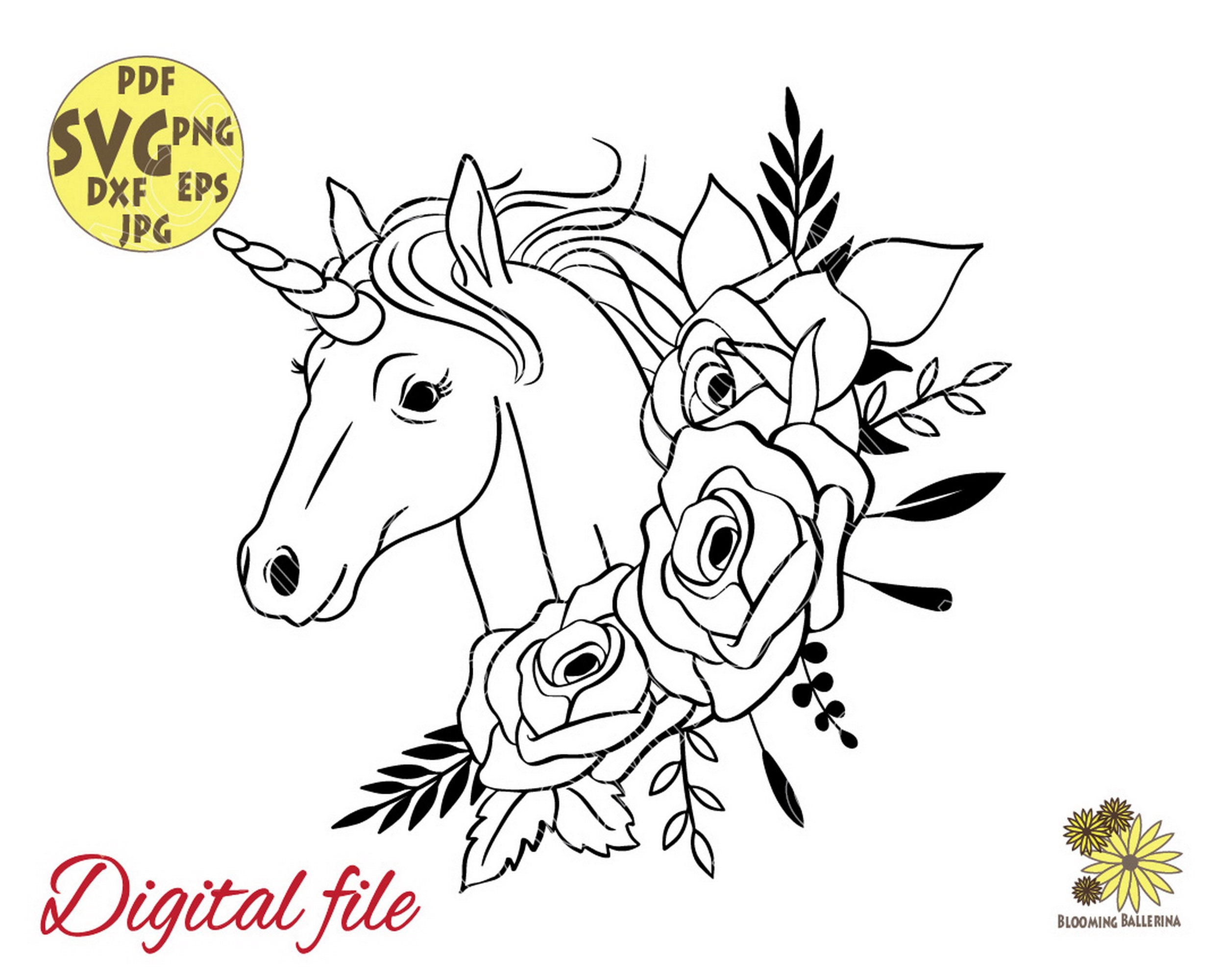 Flower Unicorn With Roses and Leaves Svg File Floral Unicorn Etsy