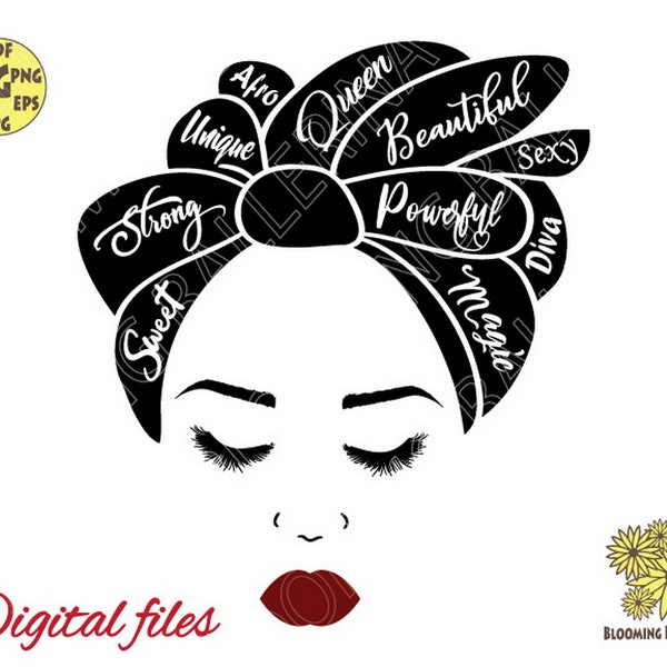 Black woman svg, Words Black Woman Head Wrap Svg file, afro-américain svg, Black queen svg, Melanin svg, Afro Woman Face Lips Eyes Svg