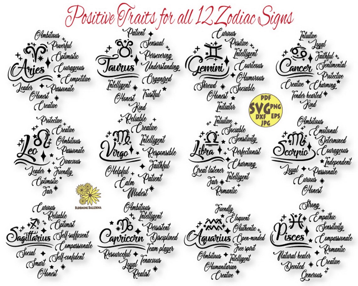 Zodiac Signs With Positive Traits Digital Files Zodiac Signs - Etsy