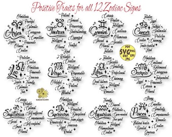 Zodiac Signs with positive traits digital files, Zodiac Signs Svg, Astrology Svg, Bundle Zodiac Svg, Horoscope Svg, Zodiac sign svg