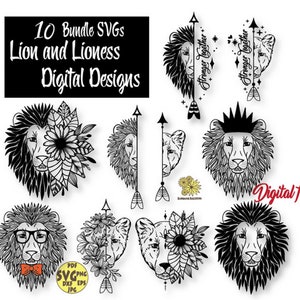 10 Designs Lion Svg, Animal Svg, Arrow lion couple svg, Half lion face svg, Cute boho lion couple Svg, Leo Svg, Lion King Svg, Lion Png