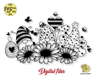 Bee Gnomes with Daisies Svg files, Bee Gnome Svg, Garden Gnomes Svg, Flower Nordic Gnomes Svg, Gnome Svg, Gnome clipart, Bee Gnome Png