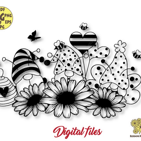 Bee Gnomes with Daisies Svg files, Bee Gnome Svg, Garden Gnomes Svg, Flower Nordic Gnomes Svg, Gnome Svg, Gnome clipart, Bee Gnome Png