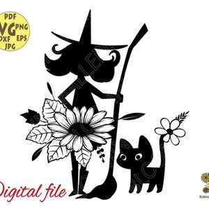 Florale Hexe mit Katze Svg Datei, Halloween Motiv Svg, Hexen svg, Herbst svg, Halloween SVG Datei, Halloween Cut Datei, Hexe Hut Schneidedatei
