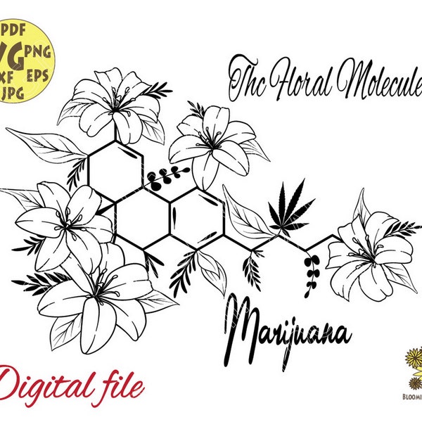 Flower Weed Molecule with Lilies and Leaves Svg file, Weed Svg, Marijuana Svg, Floral Cannabis svg, Stoner Svg, THC Molecule Svg, Floral Svg