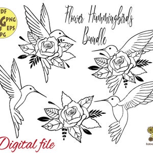 Flower Hummingbird with roses leaves and buds Svg file, Bundle Floral Hummingbirds Svg, Bird Svg, Hummingbird Svg, Hummingbird cut file