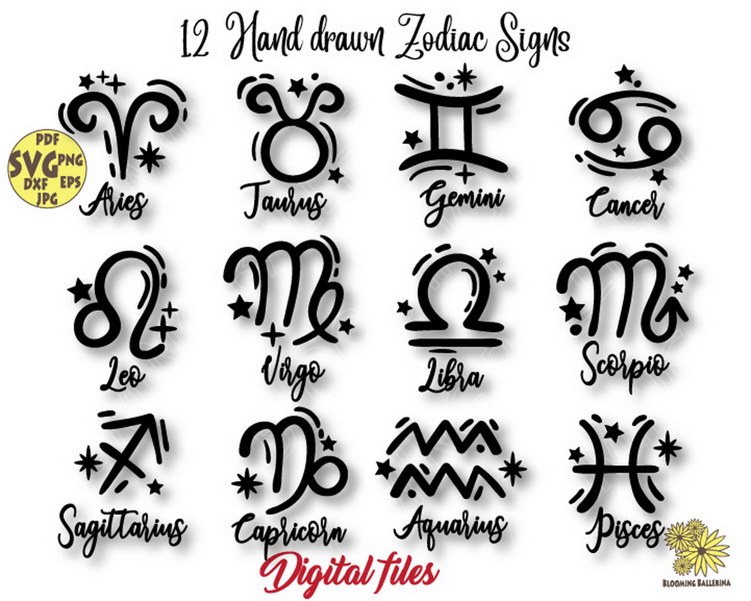 Hand drawn Zodiac Signs digital files, Horoscope Svg, Magic Svg, Astrology Svg, Zodiac Svg, Zodiac Png, Celestial Svg, Zodiac stickers