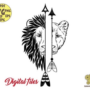 Lion and Lioness King Svg file, Half Lion Svg, Half Lioness  Svg, Lion Couple Svg, Lioness cut file, Lioness head SVG, Wild cat Svg, Arrow