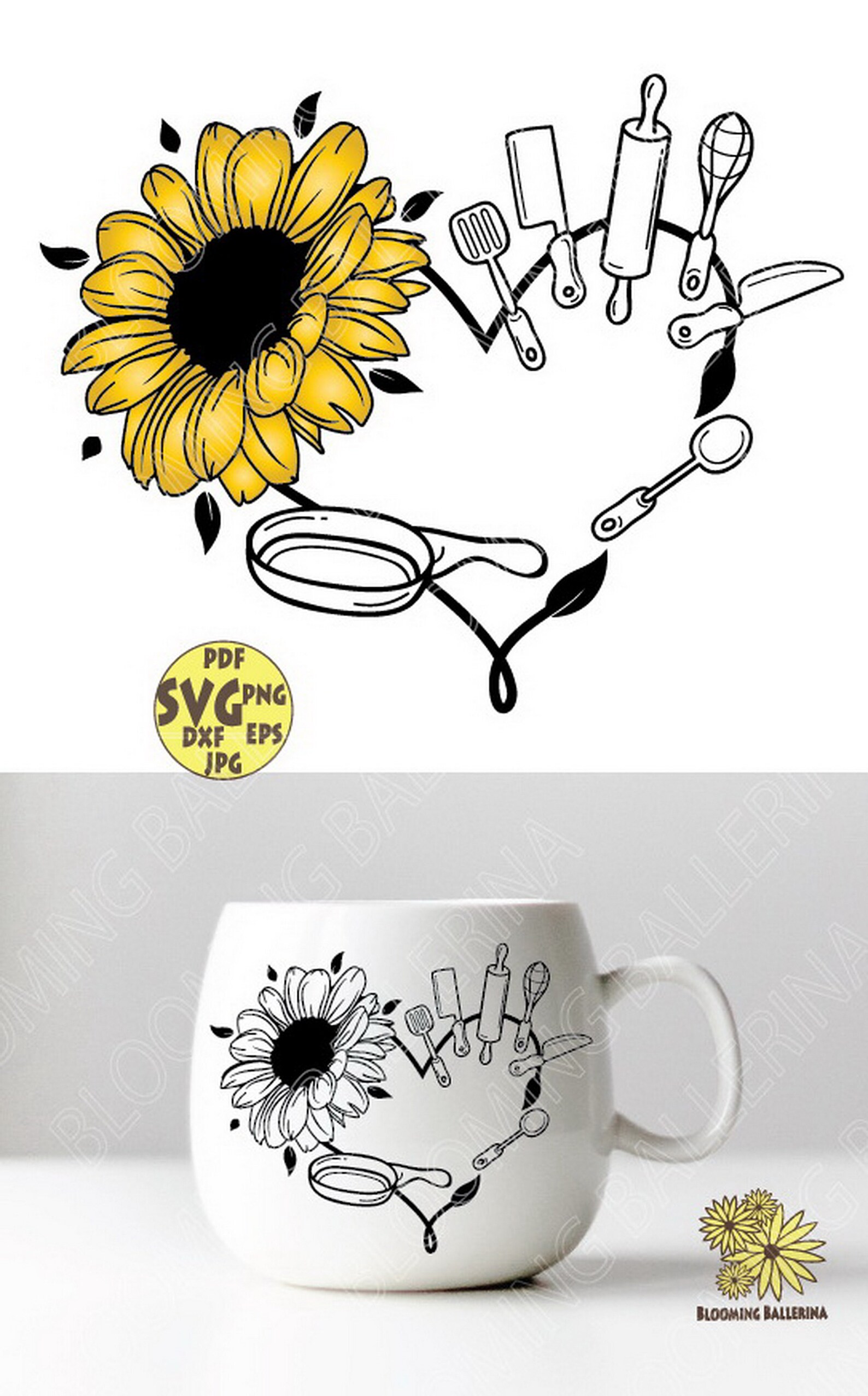 Flower Kitchen Utensils With Sunflower and Leaves Svg File Etsy