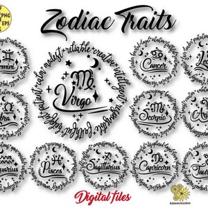 Znaki zodiaku z cechami pliki cyfrowe, Znaki zodiaku Svg, Astrologia Svg, Zodiak Svg, Niebiański Svg, Horoskop Svg, Znak zodiaku Svg, Księżyc Svg