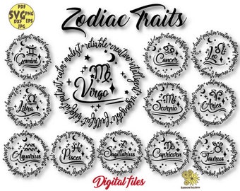 Zodiac Signs with traits digital files, Zodiac Signs Svg, Astrology Svg, Zodiac Svg, Celestial Svg, Horoscope Svg,Zodiac sign svg, Moon Svg