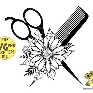 Haircut scissor svg, Scissor Svg, Floral Svg, Daisy Svg, Beauty svg, Hair cut svg, Botanical svg, Comb Svg, Haircut Digital File for Cricut