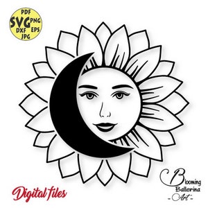 May include: Black and white line art illustration of a sun and moon with a face inside each. The sun and moon are surrounded by a sunflower.