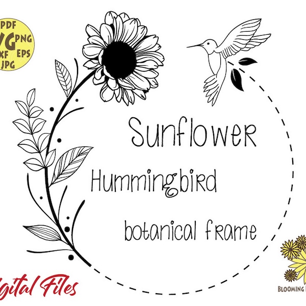 Botanical Circle Frame with Sunflower and Hummingbird Svg file, Hummingbird Wreath svg, Sunflower Svg,Bird with flowers Svg,Floral Birds Svg