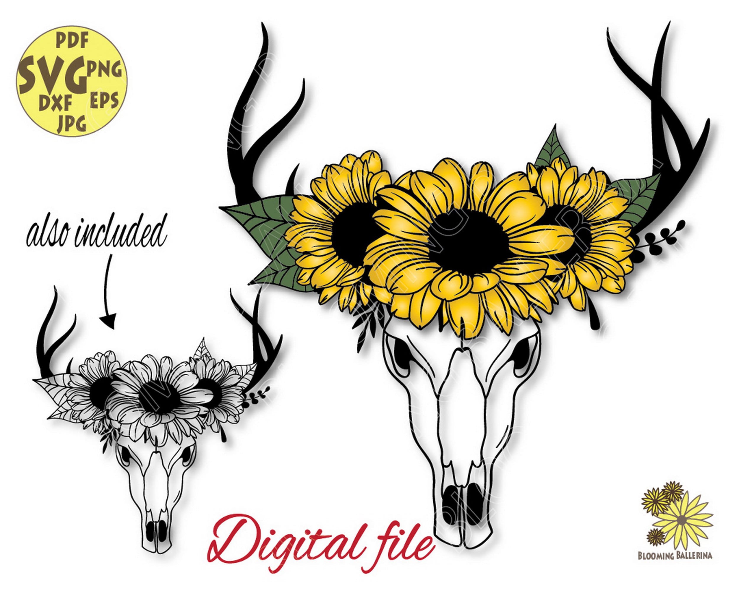 Flower Skull Stag Svg File, Sunflower Deer Antlers Svg