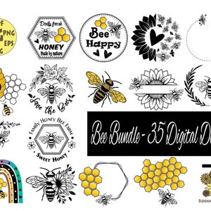 Puede incluir: Un paquete de diseño digital con 35 ilustraciones con temática de abejas. Los diseños incluyen abejas, panales, flores y elementos de texto como "Bee Happy" y "Family Honey Bee Farm".