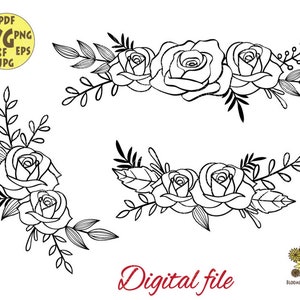Bordes florales con rosas y hojas de laurel Svg archivo, paquete de flores Svg, rosas Svg, doodles de flores archivos SVG, archivo de corte de flores, Svg floral